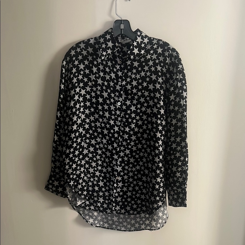 Acne Black and White Buttoned Blouse with Mandarin Collar
